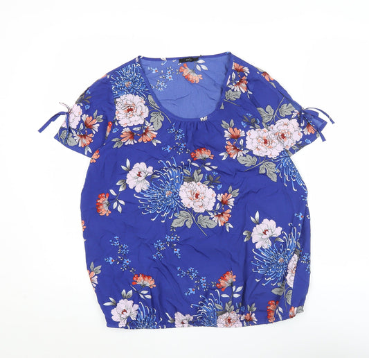 M&Co Womens Blue Floral Tunic Blouse Size 14 Short Sleeve Scoop Neck