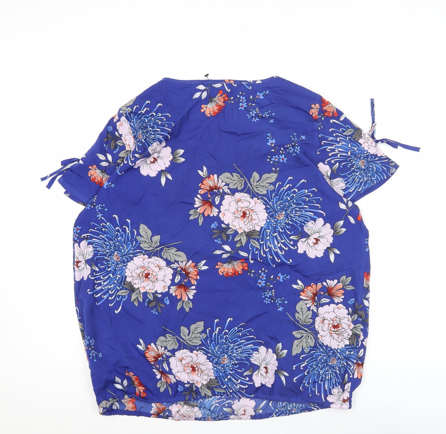M&Co Womens Blue Floral Tunic Blouse Size 14 Short Sleeve Scoop Neck