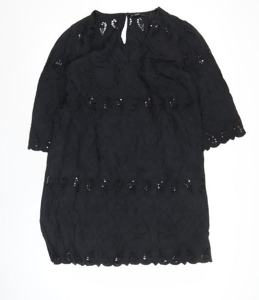 F&F Womens Black Cotton Shift Dress M Knee Length 3/4 Sleeve
