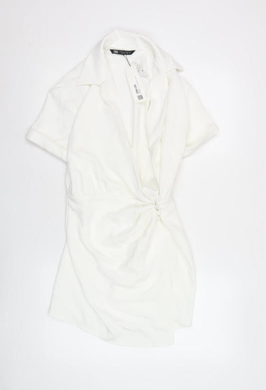 Zara Women White XS Shift Dress Short Sleeve Collared Summer