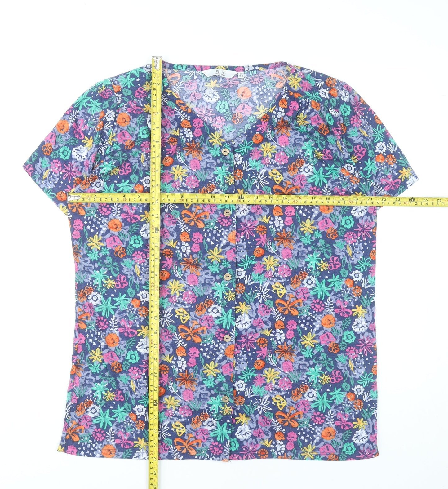 Isle Essentials Womens Multicoloured Floral Blouse M 14-16 Short Sleeve V-Neck