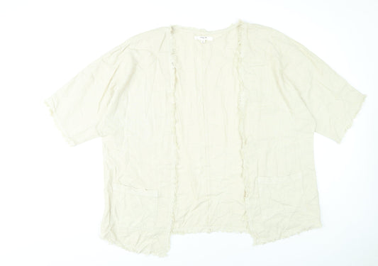 Next Women’s Beige Linen Viscose Kimono Blouse L Boho Fringe Open Front