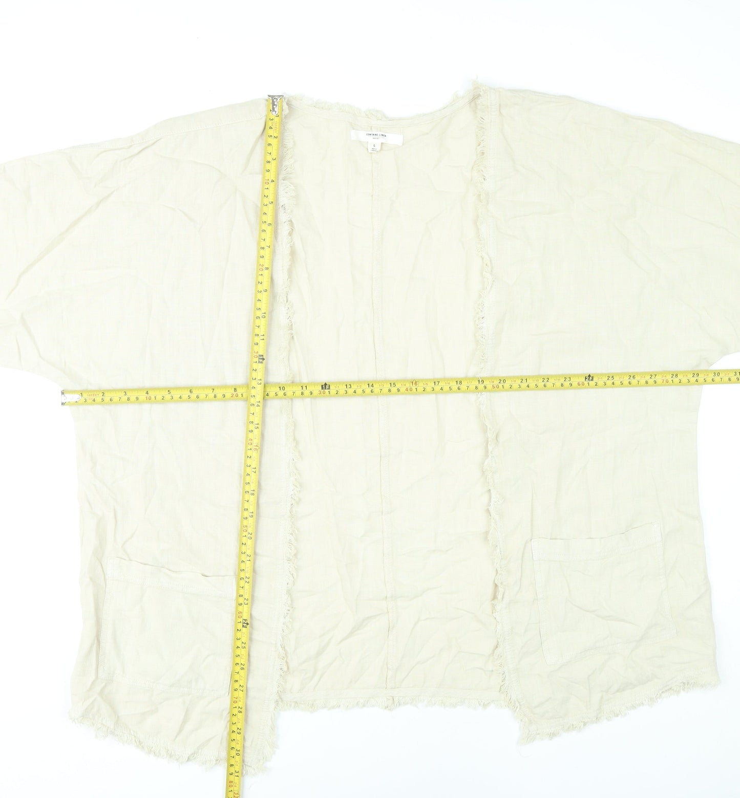 Next Women’s Beige Linen Viscose Kimono Blouse L Boho Fringe Open Front