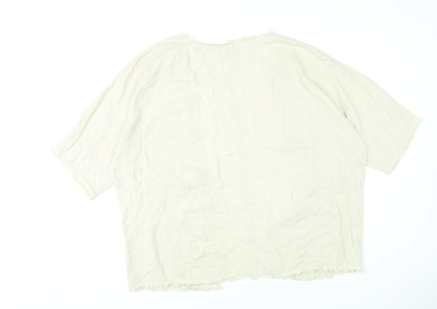 Next Women’s Beige Linen Viscose Kimono Blouse L Boho Fringe Open Front