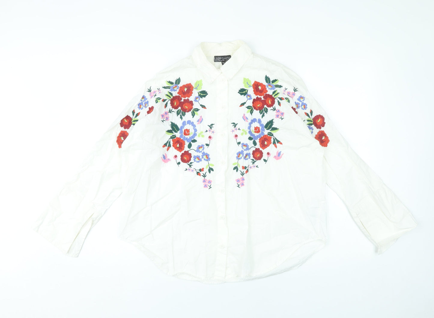 Topshop Womens White Floral Embroidered Cotton Button-Up Shirt UK 6