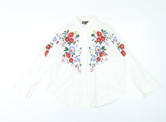 Topshop Womens White Floral Embroidered Cotton Button-Up Shirt UK 6