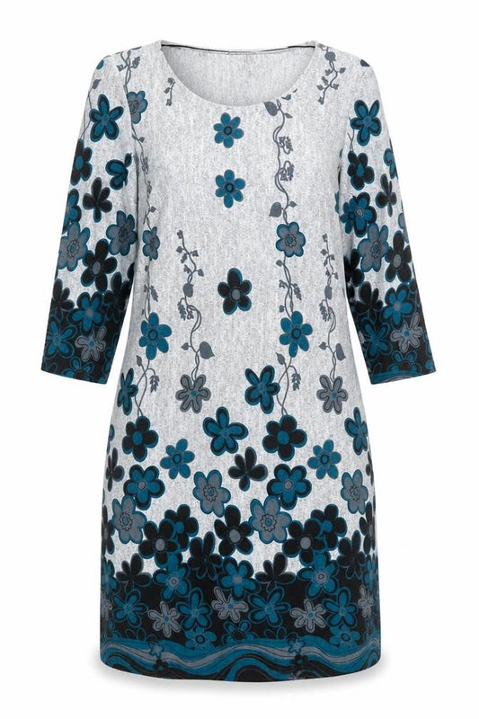 Roman Women’s Grey Blue Floral Shift Dress Size 10 Scoop Neck