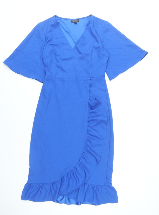 Topshop Women Blue Wrap Dress UK 8 Knee Length Ruffle V-Neck