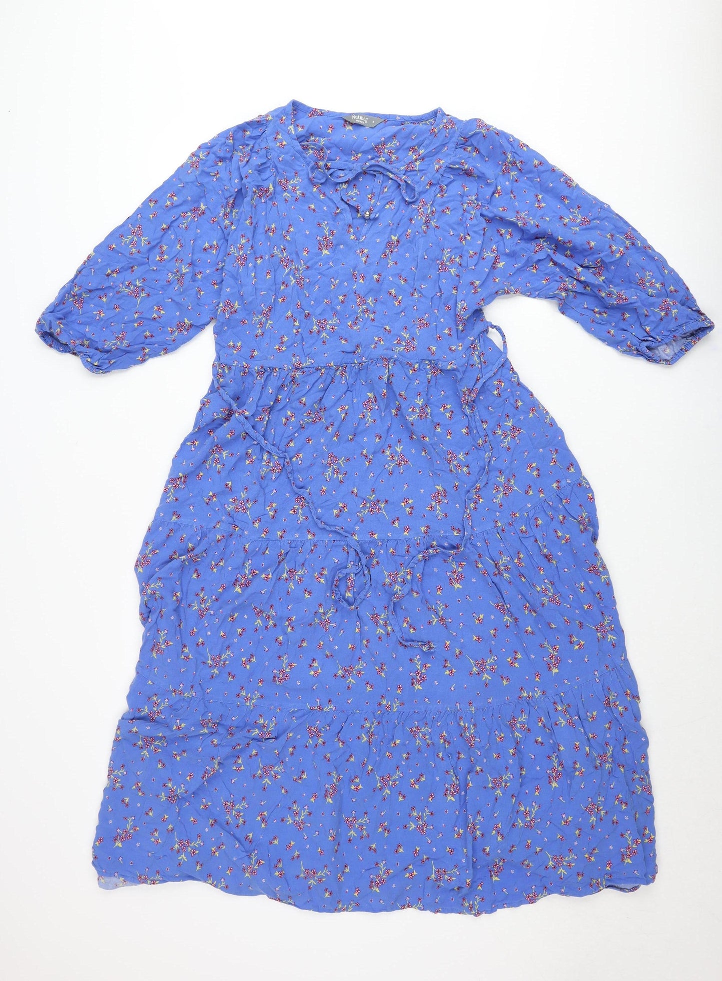 Nutmeg Women Blue Floral Midi Wrap Dress Size 8 Viscose