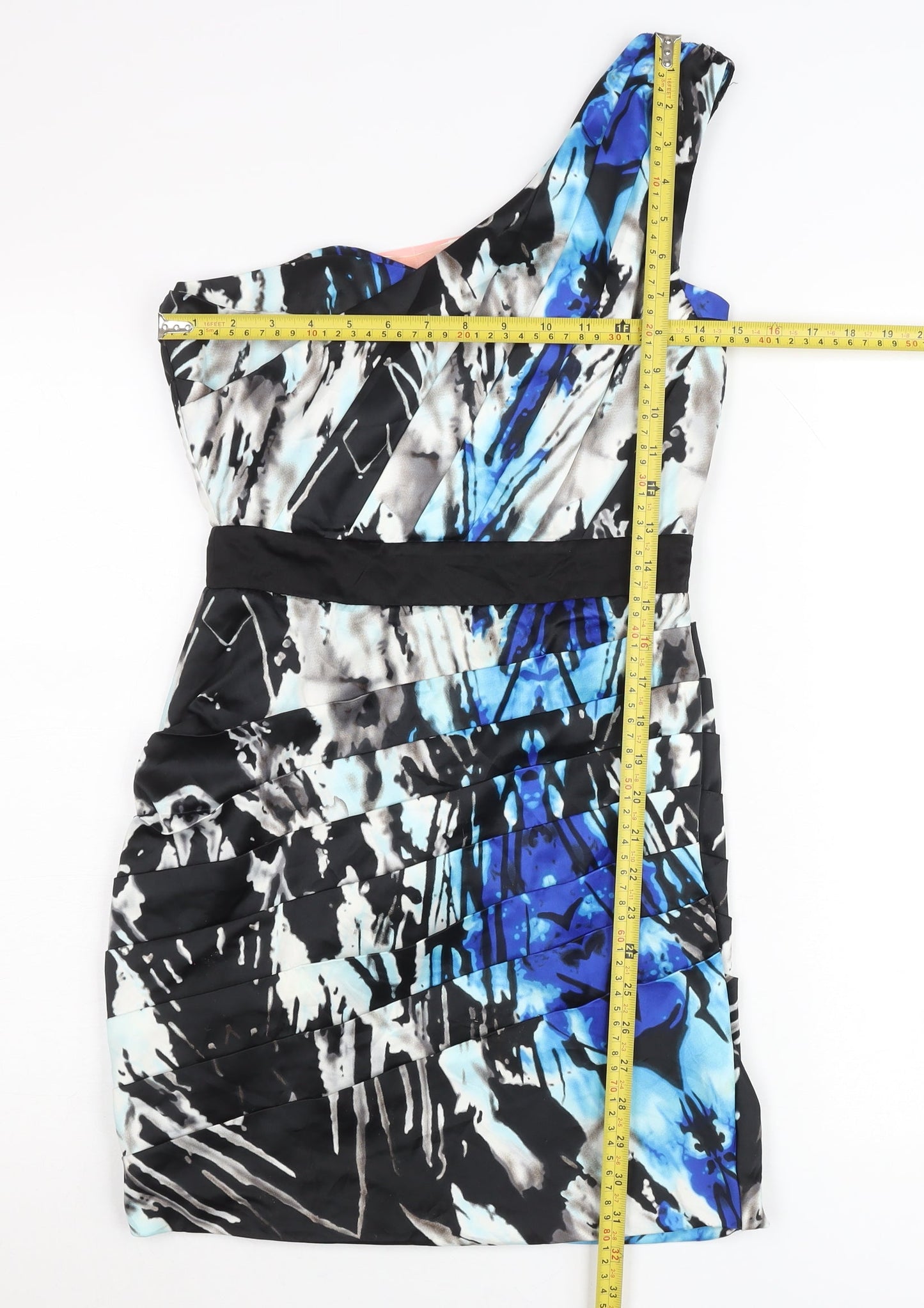 Lipsy Women’s Blue Black One Shoulder Pleated Bodycon Party Dress Size 10