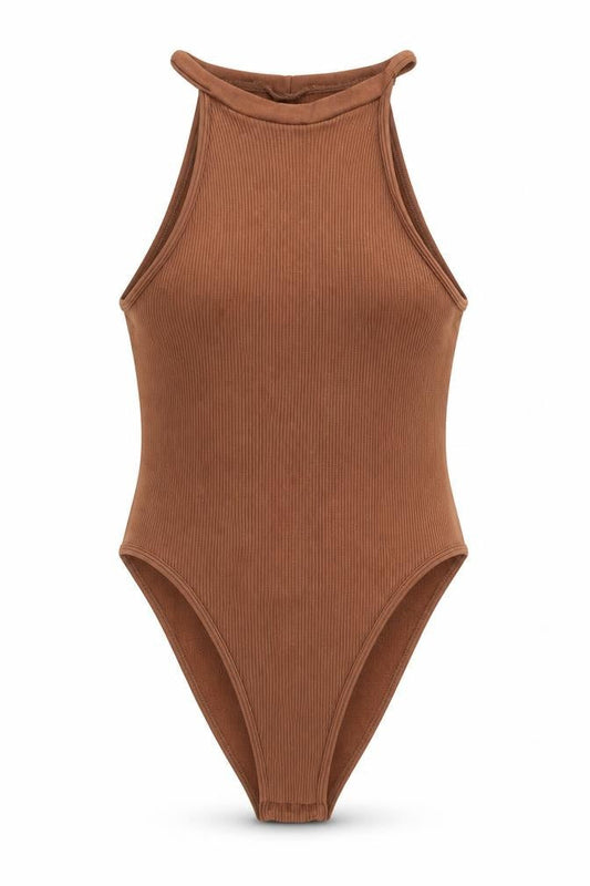 PRETTYLITTLETHING Women Brown High Neck Sleeveless Bodysuit Size S
