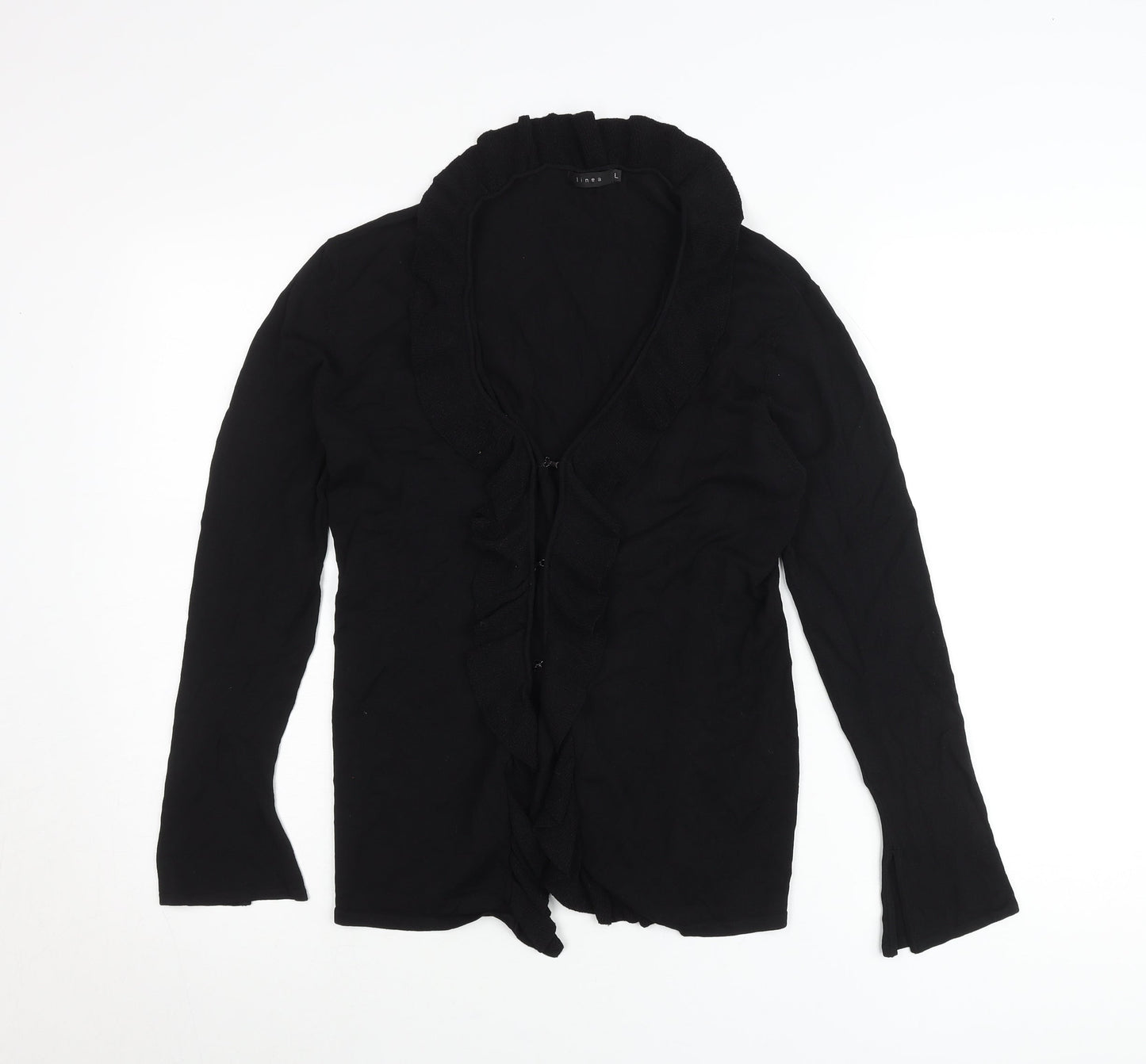 Linea Womens Black Ruffle V-Neck Cardigan Size L Long Sleeve Knit