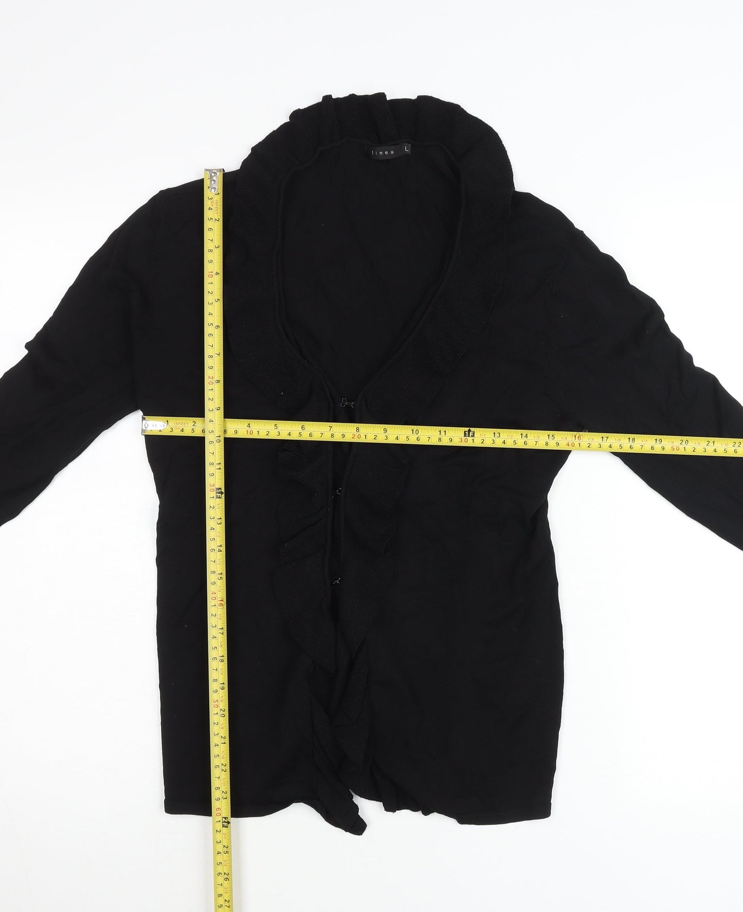 Linea Womens Black Ruffle V-Neck Cardigan Size L Long Sleeve Knit