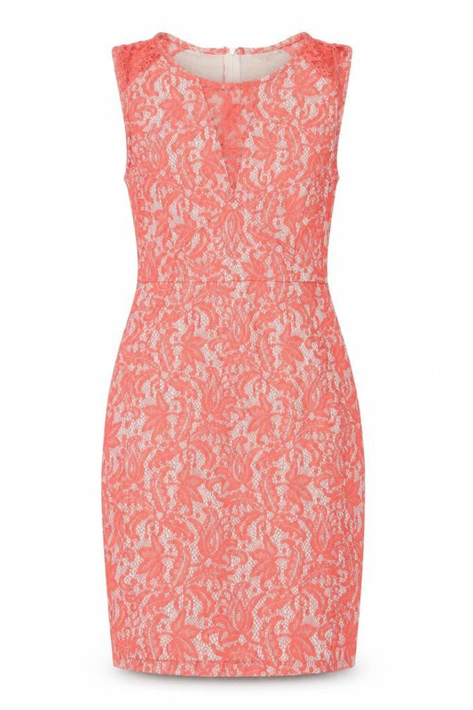 Warehouse Women’s Orange Lace Sheath Dress Size 10 Sleeveless Knee Length