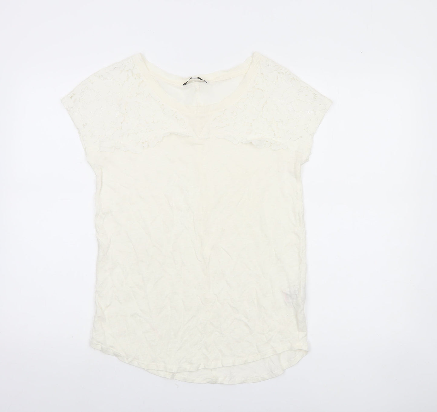 Next Women’s Ivory Linen Lace T-Shirt UK 10 Scoop Neck Summer Top