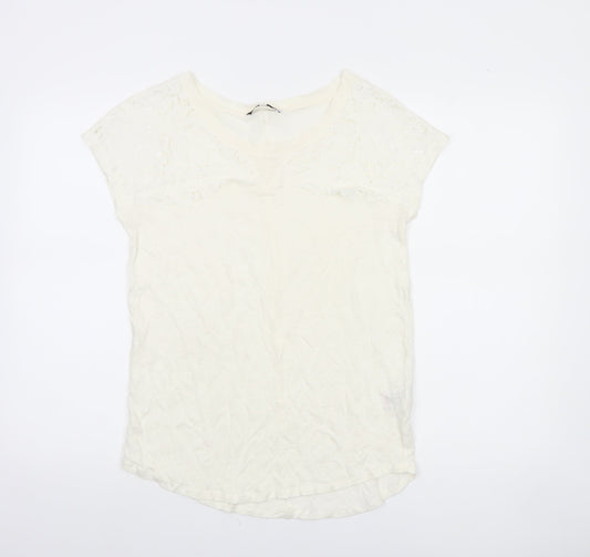 Next Women’s Ivory Linen Lace T-Shirt UK 10 Scoop Neck Summer Top