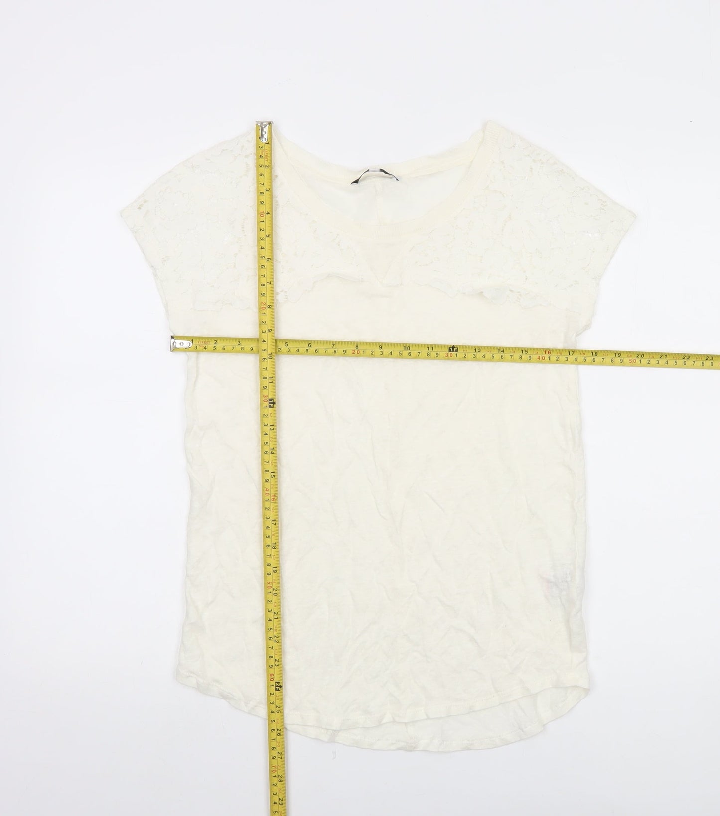 Next Women’s Ivory Linen Lace T-Shirt UK 10 Scoop Neck Summer Top