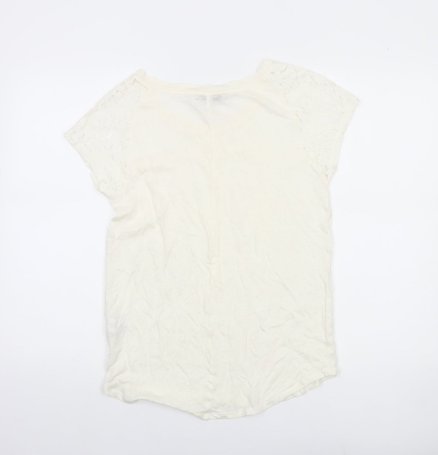 Next Women’s Ivory Linen Lace T-Shirt UK 10 Scoop Neck Summer Top