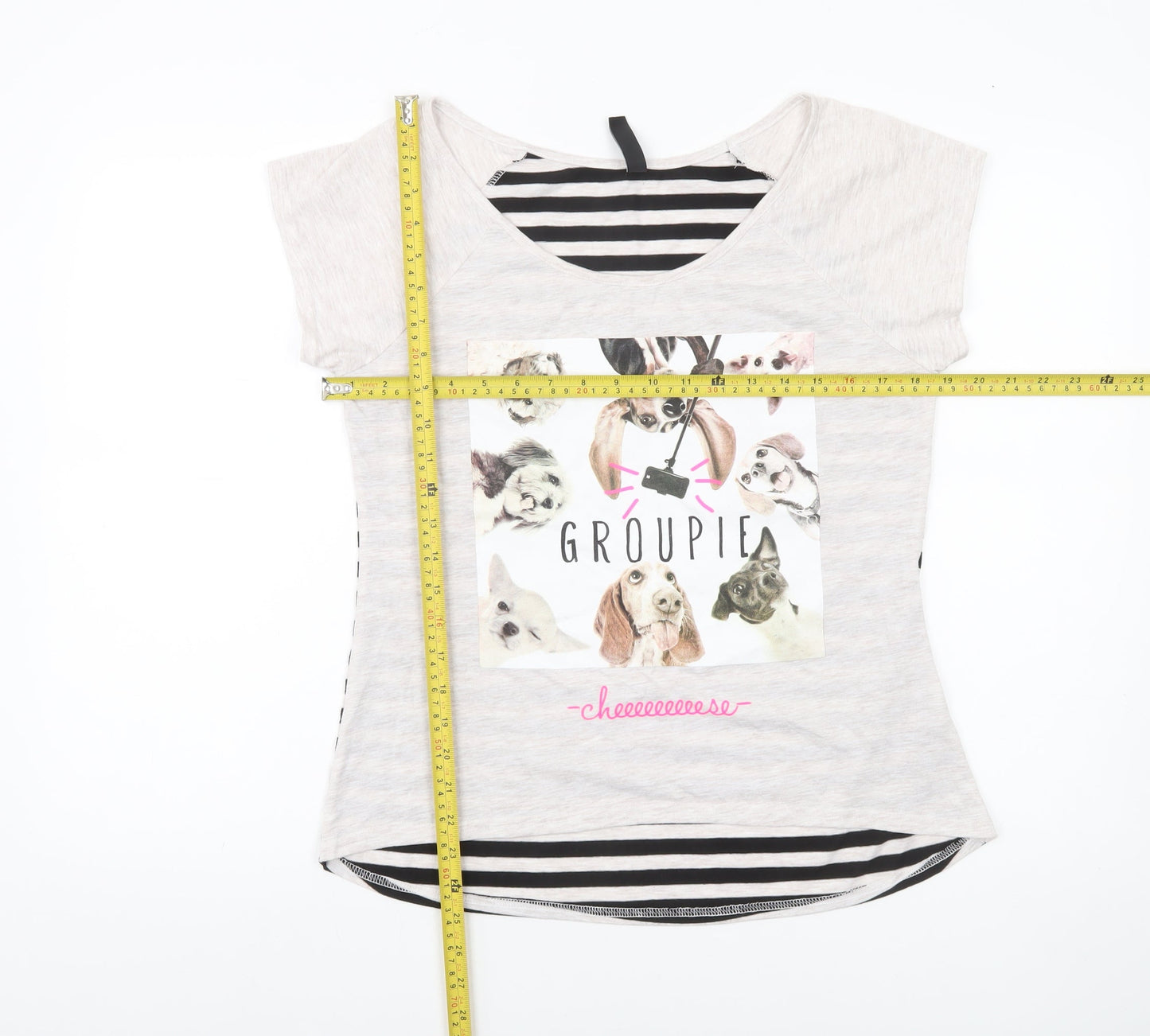 Blind Date Women’s Beige Stripe Dog Print Casual T-Shirt L