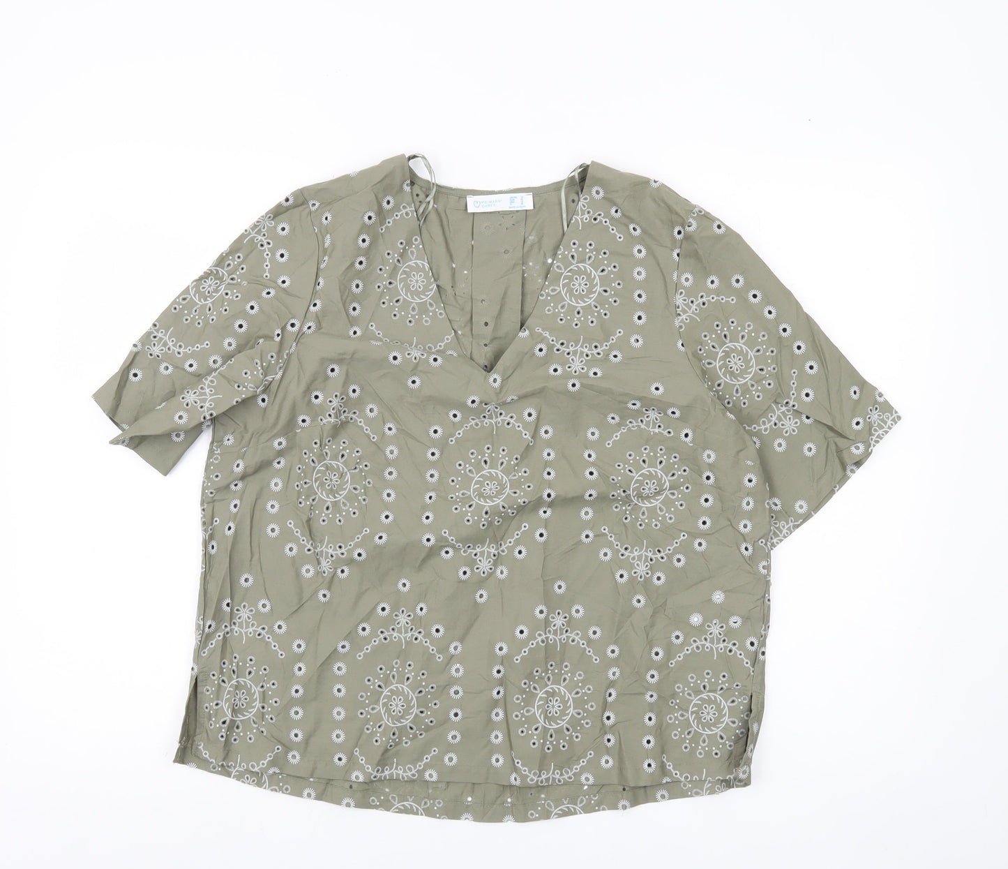 Primark Women’s Green Embroidered Cotton Tunic Blouse UK 14 Short Sleeve