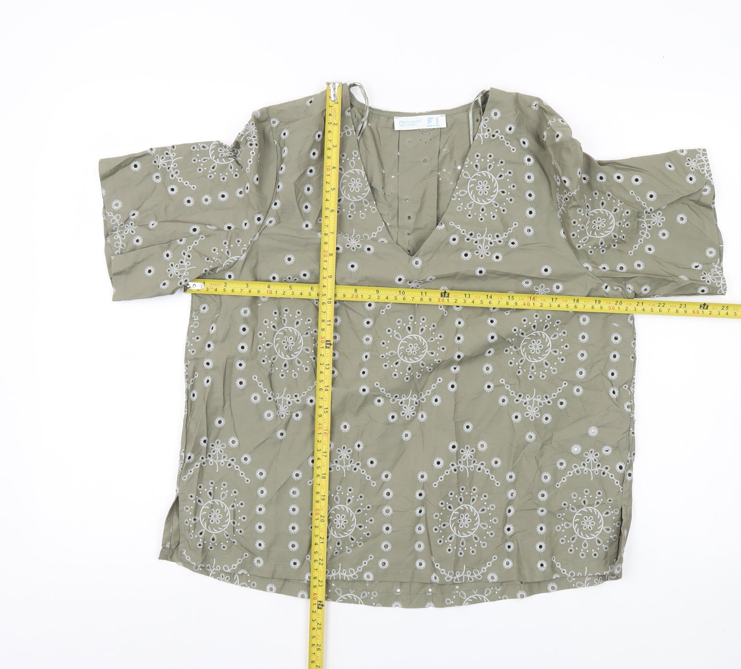 Primark Women’s Green Embroidered Cotton Tunic Blouse UK 14 Short Sleeve
