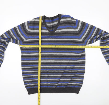 Back view of Jaeger men’s multicoloured striped cotton v-neck jumper l