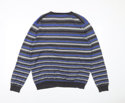 Close-up detail of Jaeger men’s multicoloured striped cotton v-neck jumper l
