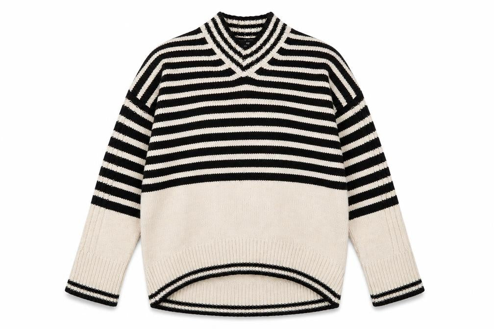 Next Womens Black Beige Striped V-Neck Pullover Jumper Size M