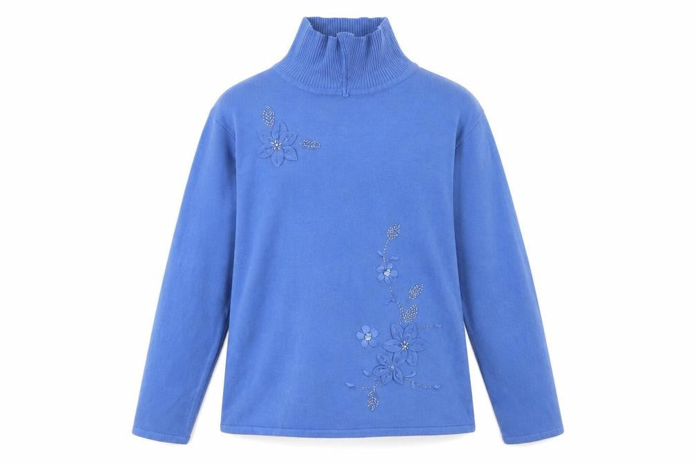 Dixie Womens Blue Roll Neck Floral Embroidered Jumper L