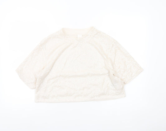 H&M Women Ivory Sequin Cropped T-Shirt Size 14 Party Top