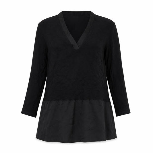 Mango Women Black Tunic Blouse V-Neck Size 8 3/4 Sleeve