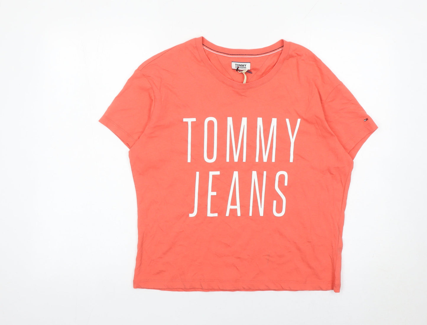 Tommy Jeans Women Orange S Cotton Crew Neck Logo T-Shirt