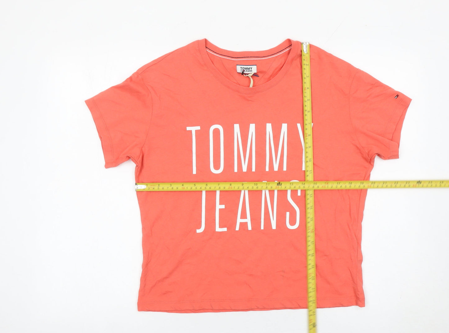 Tommy Jeans Women Orange S Cotton Crew Neck Logo T-Shirt