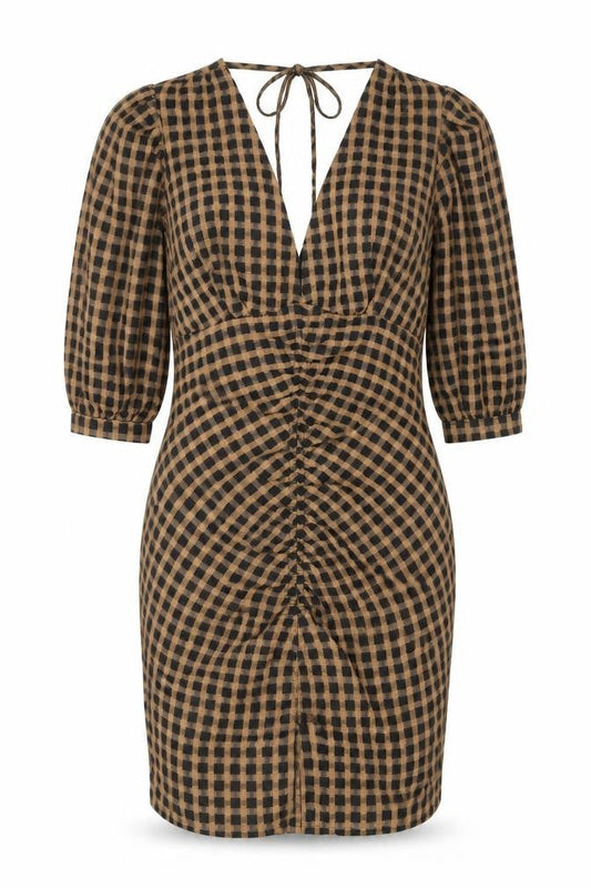 Front view of Object Women Brown Black Check Bodycon Dress, size 12