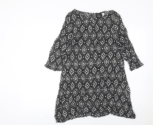 H&M Women’s Black Geometric Shift Dress Size 6 3/4 Sleeve
