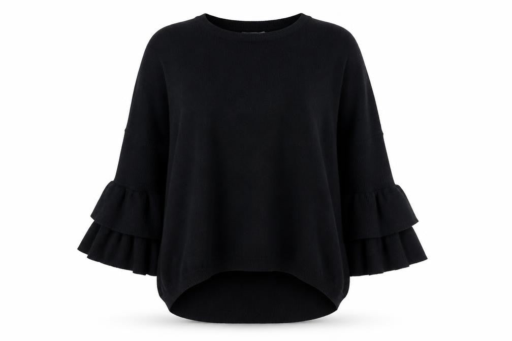 Blue Vanilla Womens Black Pullover Jumper M Ruffle Sleeve Zip Back