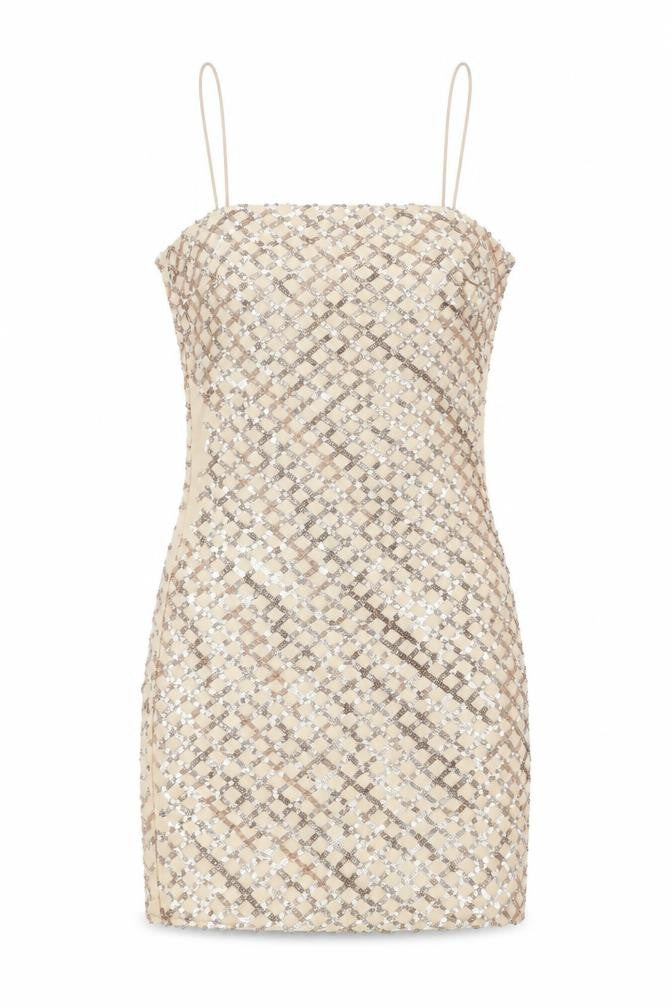PRETTYLITTLETHING Women Beige Sequin Short Bodycon Dress Size 8