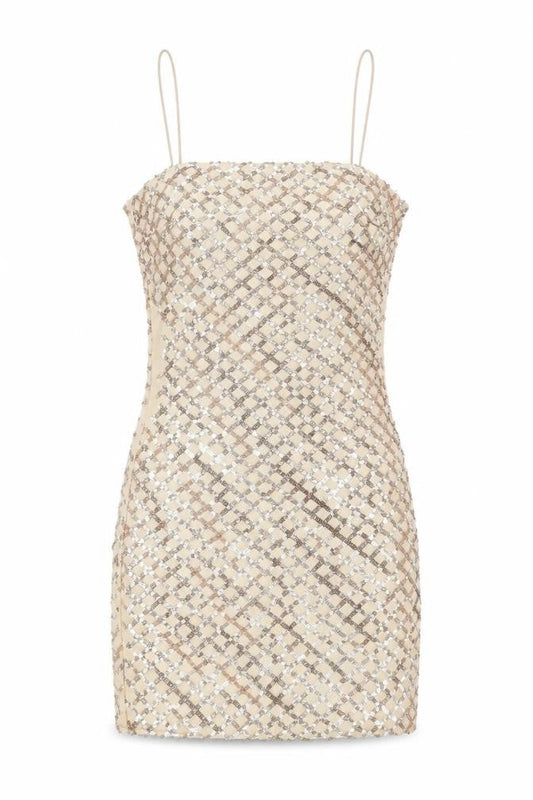 PRETTYLITTLETHING Women Beige Sequin Short Bodycon Dress Size 8