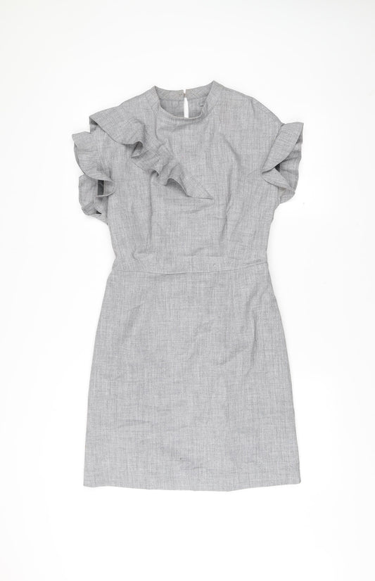 Oliver Bonas Women’s Grey Shift Dress Size 6 Ruffle Sleeve Workwear