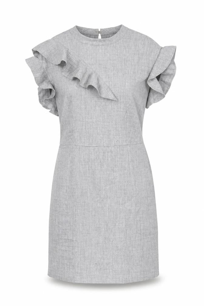 Oliver Bonas Women’s Grey Shift Dress Size 6 Ruffle Sleeve Workwear
