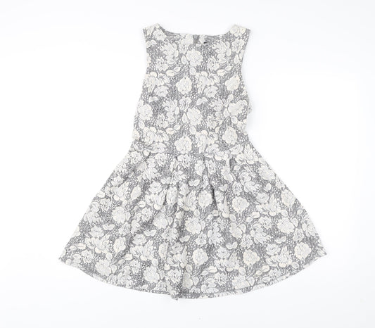 Topshop Women’s Grey Ivory Floral Skater Dress UK 10 Sleeveless