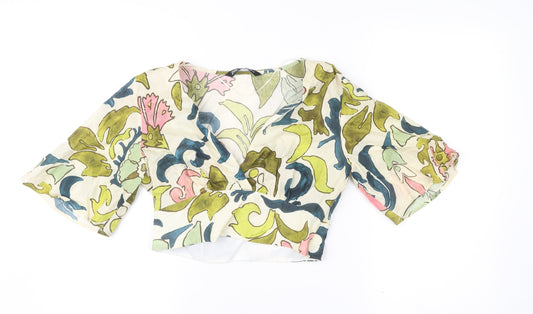 Zara Women’s Multicoloured Floral Cropped Blouse Size 8 V-Neck 3/4 Sleeve