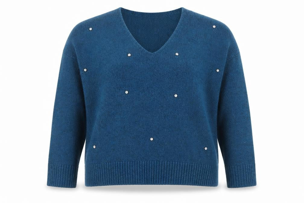 Marks & Spencer Womens Blue Beaded V-Neck Pullover Jumper Size 10
