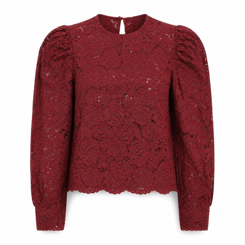 Primark Women’s Red Lace Blouse Size 8 Puff Sleeve Tunic Party Top