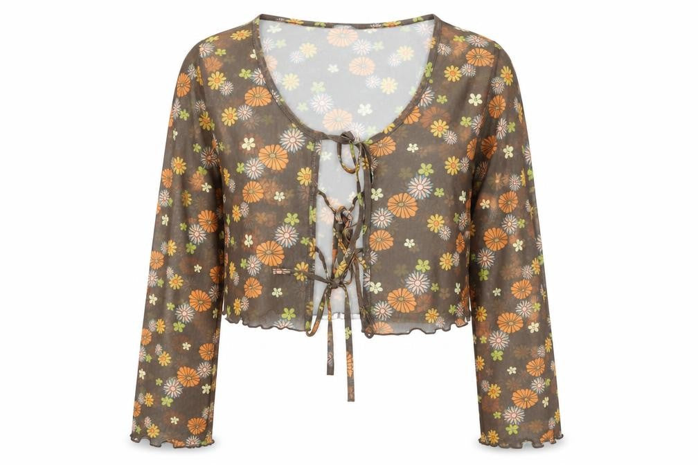 Primark Women’s Brown Floral Sheer Cropped Blouse Scoop Neck Size S