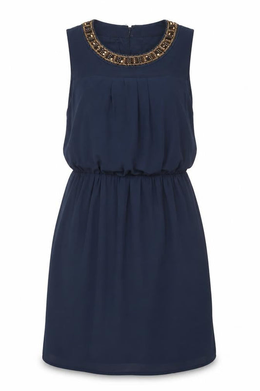 Warehouse Womens Blue Beaded Shift Dress UK 14 Knee Length Sleeveless
