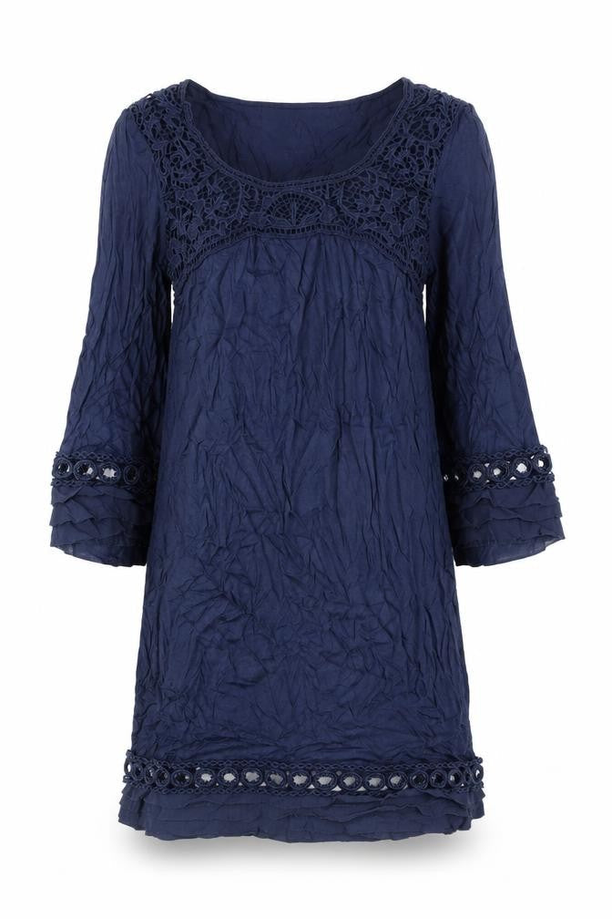 Warehouse Women's Blue Size 8 Shift Dress Lace 3/4 Sleeve Scoop Neck