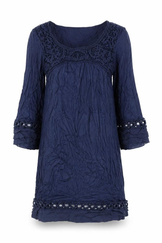 Warehouse Women's Blue Size 8 Shift Dress Lace 3/4 Sleeve Scoop Neck