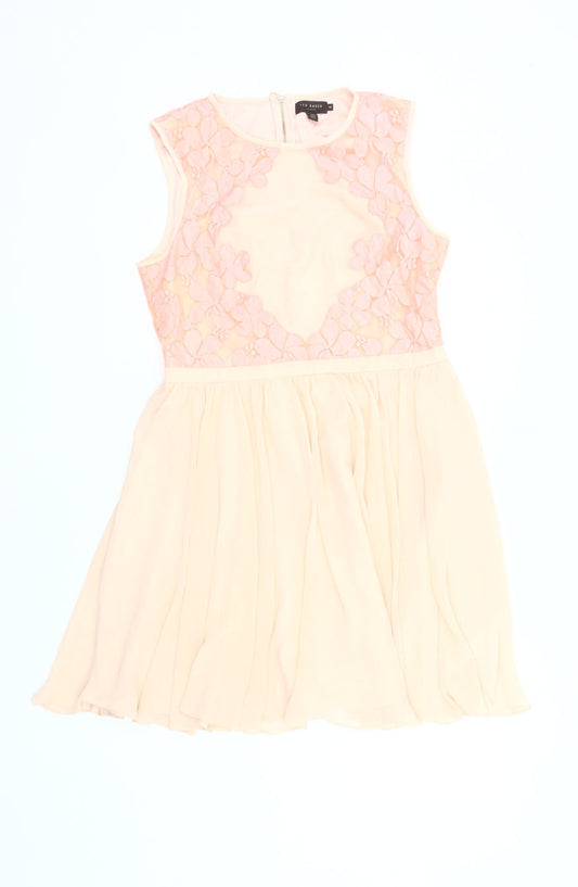 Ted Baker Women’s Beige Floral A-Line Dress Size 14 Sleeveless Party