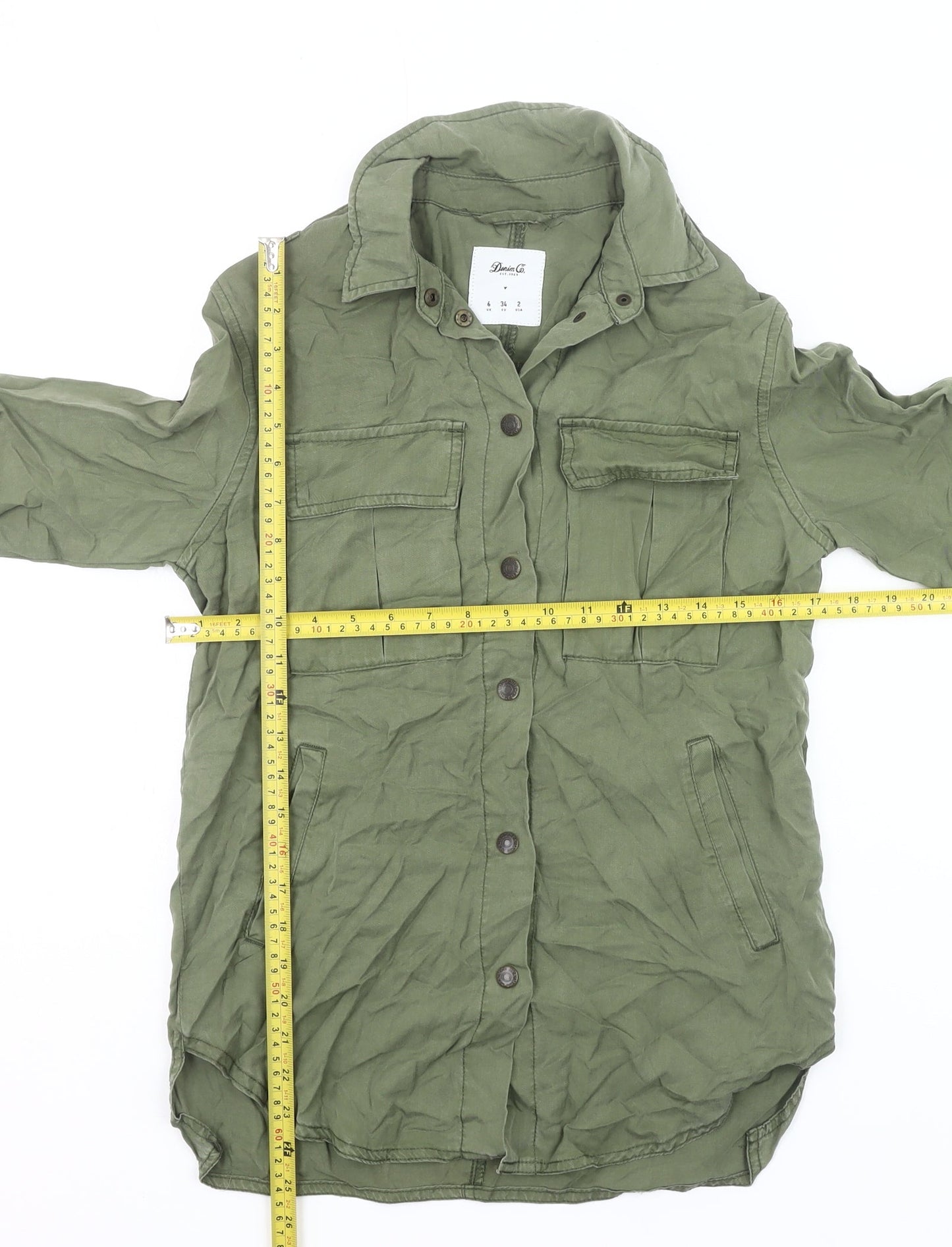 Denim Co Women’s Green Button-Up Shirt Size 6 UK Long Sleeve